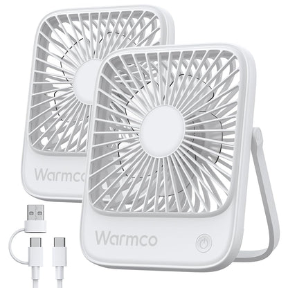 Warmco USB Fan 2 Pack USB-C Wired Personal Desk Fan with strong airflow and quiet operation, 3 speeds, compact and foldable, perfect for office and home use.