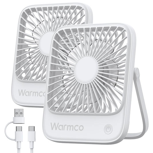 Warmco USB Fan 2 Pack USB-C Wired Personal Desk Fan with strong airflow and quiet operation, 3 speeds, compact and foldable, perfect for office and home use.