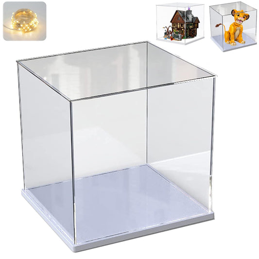 Acrylic display case for Lego 21341 43247 for soccer basketball, glass display case acrylic box transparent cube for figures collectibles toys | with wood-plastic base, white inside 30x30x30cm