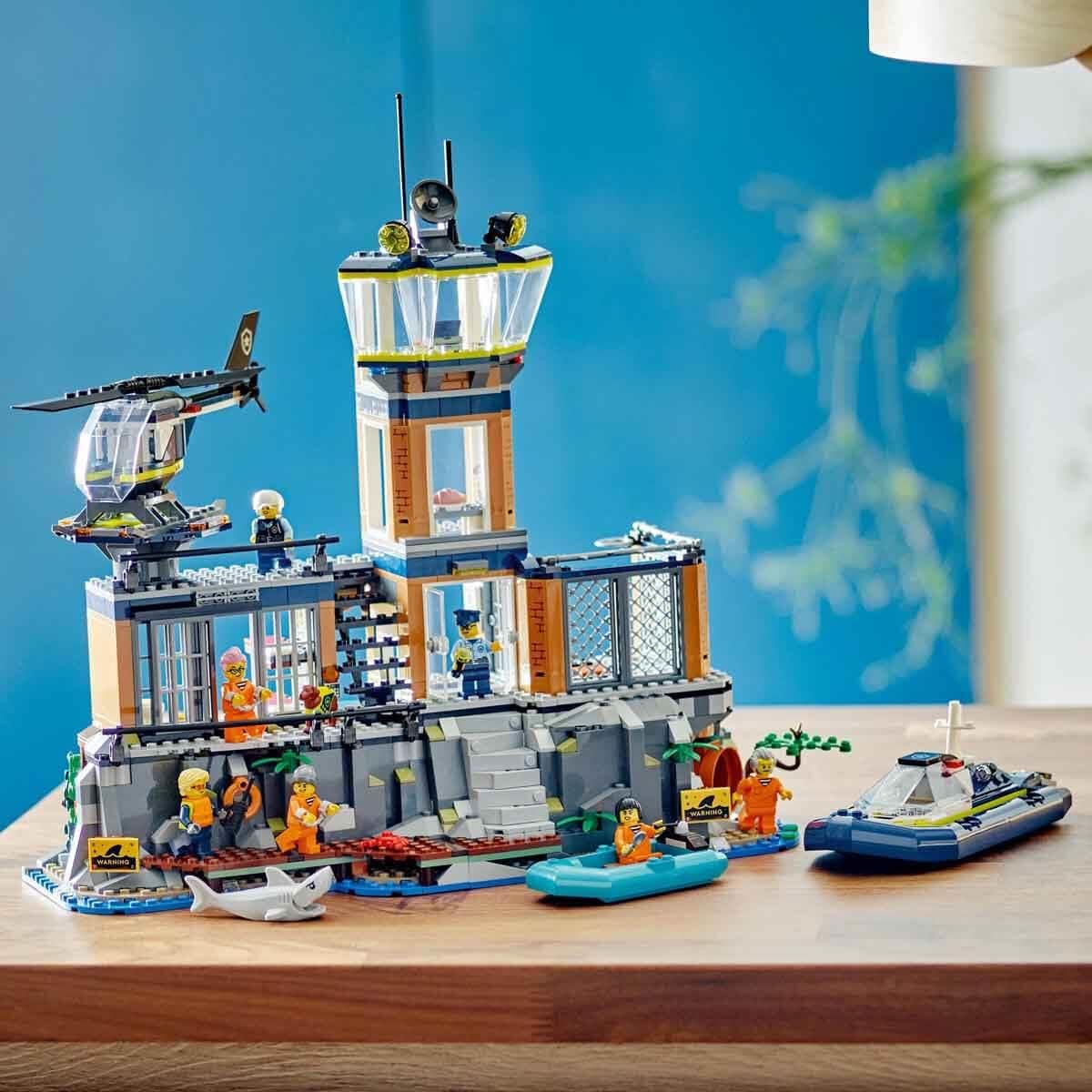 LEGO City Police Station on the Prison Island, police toy with helicopter, boat, and shark, set with 7 minifigures and dog, birthday gift for boys and girls aged 7 and up 60419