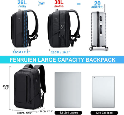 FENRUIEN Expandable Laptop Backpack with YKK zippers, 26L-38L capacity, Business Backpack for Men 15.6 inch Laptop Bag with USB Charging Port for Men and Women, Girls, Teenagers with laptop compartment.
