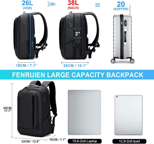 FENRUIEN Expandable Laptop Backpack with YKK zippers, 26L-38L capacity, Business Backpack for Men 15.6 inch Laptop Bag with USB Charging Port for Men and Women, Girls, Teenagers with laptop compartment.