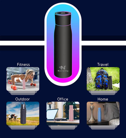 Nutrality UV-filtered 500ml water bottle - Stainless steel self-cleaning water purifier with LED temperature display lid & drink reminder function - Camping, hiking, traveling, sports (black)