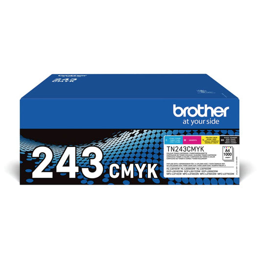 Brother TN-243CMYK Original Toner Cartridge prints up to 1000 pages, in cyan, magenta, yellow, and black. 1 pack.