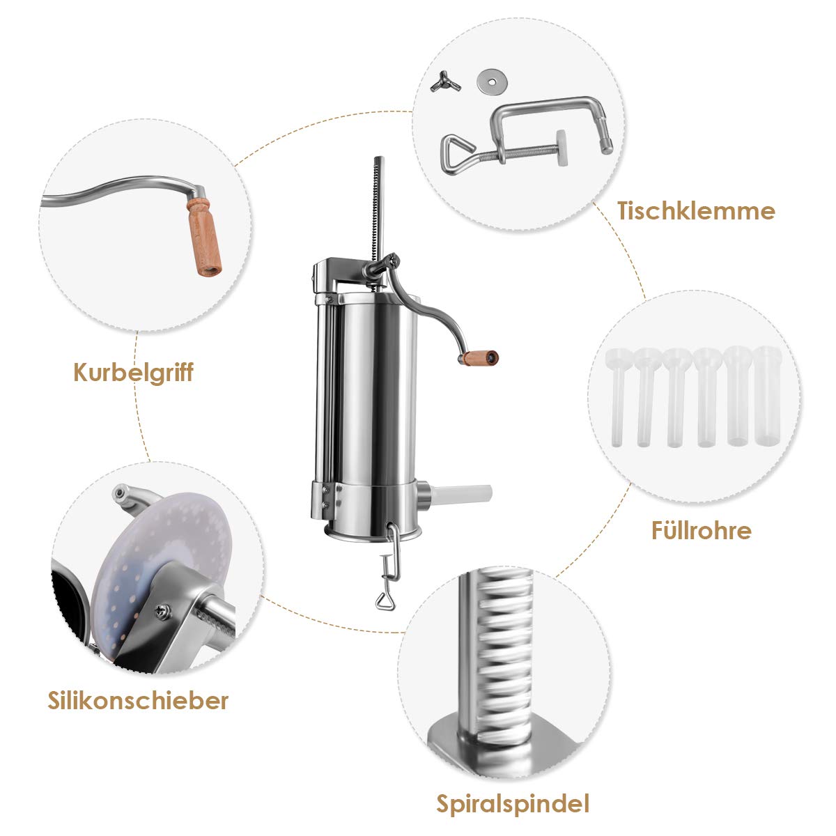 COSTWAY 1.5kg/2.5kg/3kg/5kg Manual Sausage Stuffer, Stainless Steel Sausage Maker, Silver Sausage Filling Machine with Table Clamp, Sausage Injector including Filling Tubes (5KG - 6 Filling Tubes)