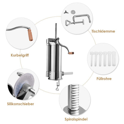 COSTWAY 1.5kg/2.5kg/3kg/5kg Manual Sausage Stuffer, Stainless Steel Sausage Maker, Silver Sausage Filling Machine with Table Clamp, Sausage Injector including Filling Tubes (5KG - 6 Filling Tubes)