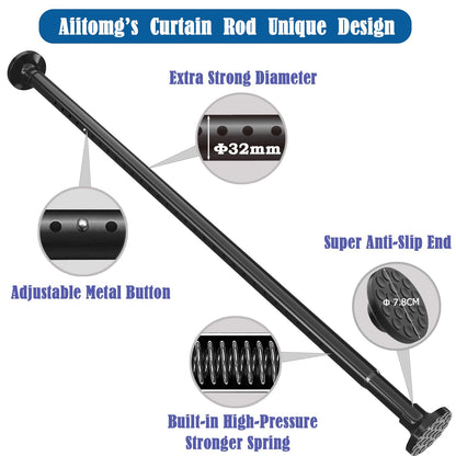 Curtain rod 300 cm long, extra long curtain rod, tension rod without drilling, extendable rod for bathroom or bedroom in black (255-310 cm, diameter 32 mm).