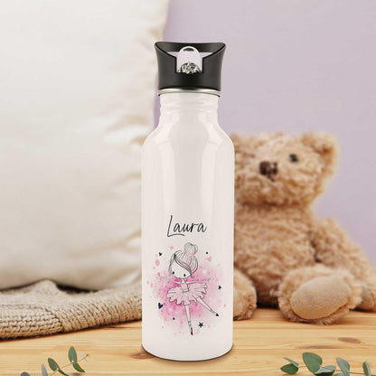 ENGRAVING LINE - Stainless steel water bottle - Ballerina design - Personalized with name - 600 ml - Leak-proof with flip-up spout and integrated straw.