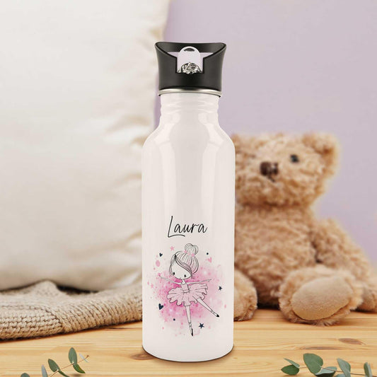ENGRAVING LINE - Stainless steel water bottle - Ballerina design - Personalized with name - 600 ml - Leak-proof with flip-up spout and integrated straw.