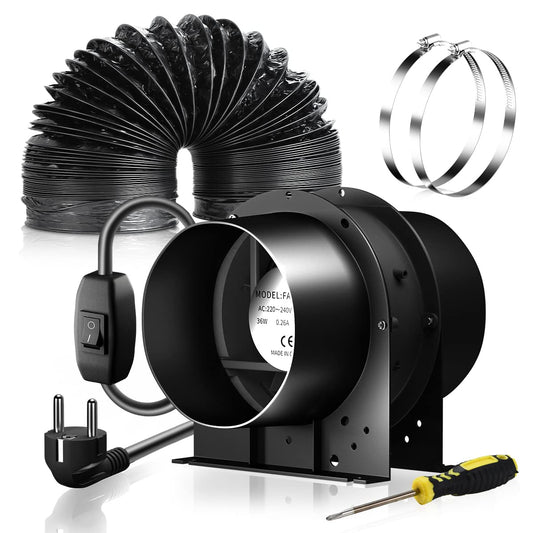 FanGoFast 150mm axial tube fan kit, 334m³/h axial exhaust fan duct fan with ON/OFF switch and 3m hose for grow tent, garage, tool room, office.