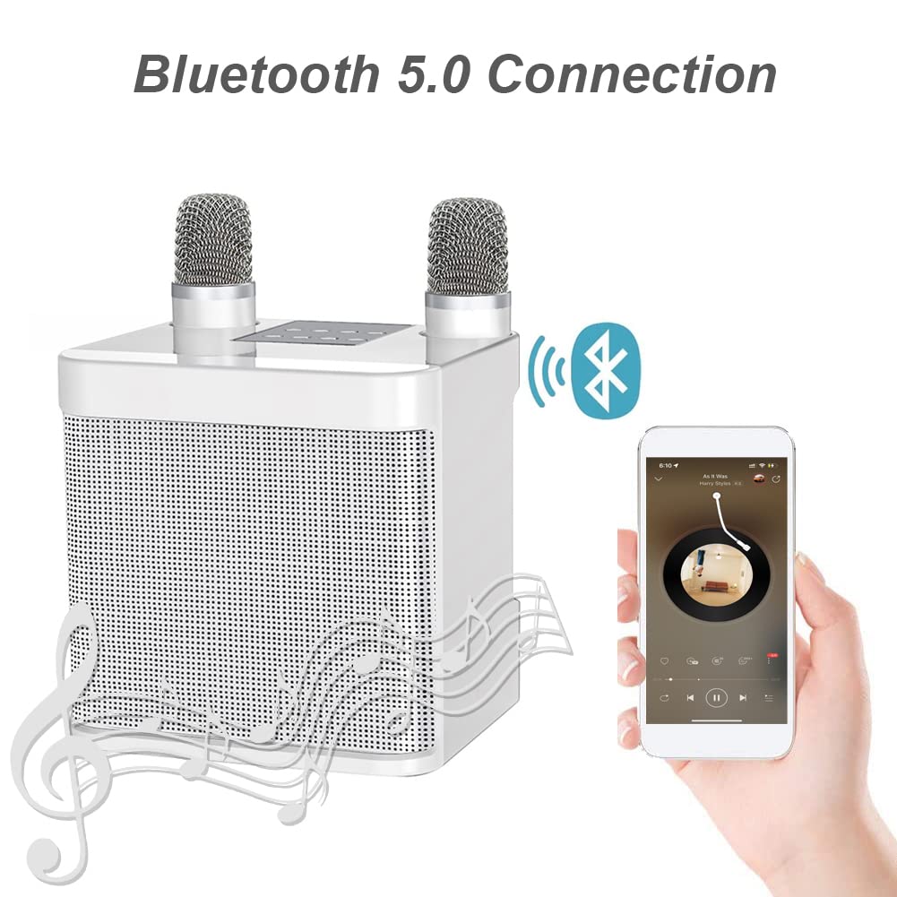 Karaoke machine with 2 microphones, Bluetooth karaoke system, wireless karaoke setup, speaker with karaoke microphone, karaoke set for parties, events, supports Bluetooth, AUX, USB/TF (white)