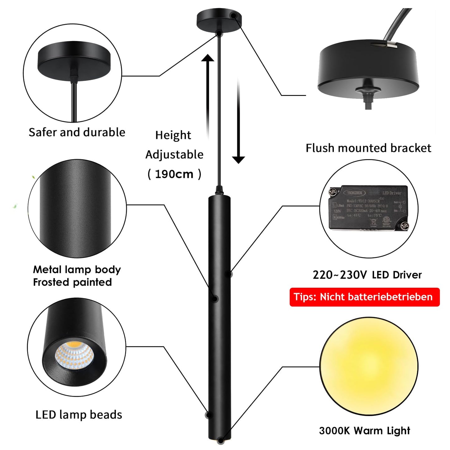ACMHNC LED Pendant Light Black, Cylinder Hanging Lamp for Bedroom Dining Table Nightstand, 5W Adjustable Height Pendant Light, 110-230V, Warm White 3000K, 30cm
