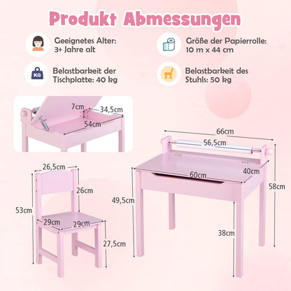 DREAMADE Kids Desk with Chair, Wooden Student Desk, Youth Desk, Children's Table, Kids Desk with Paper Roll Holder & Storage Space, Paper Roll and Markers Included (Pink)