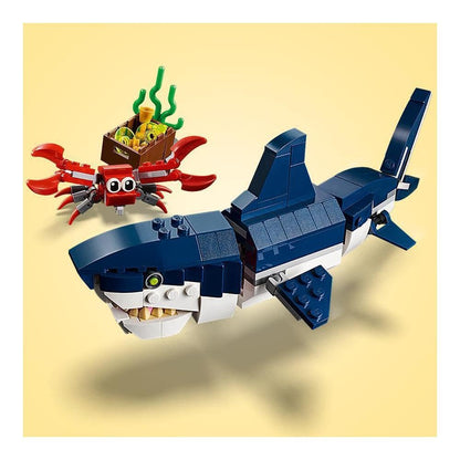 LEGO 31129 Creator Majestic Tiger, Panda or Fish & 31088 Creator Deep Sea Creatures, toy with sea animal figures: Shark, Crab, Squid, and Anglerfish, set for kids ages 7+.