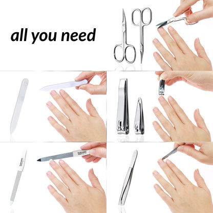 MarQus manicure set for women and men, Solingen, Made in Germany. 7 pieces featuring patented glass file for hand and foot care. Comes with genuine leather case, compact and soft.