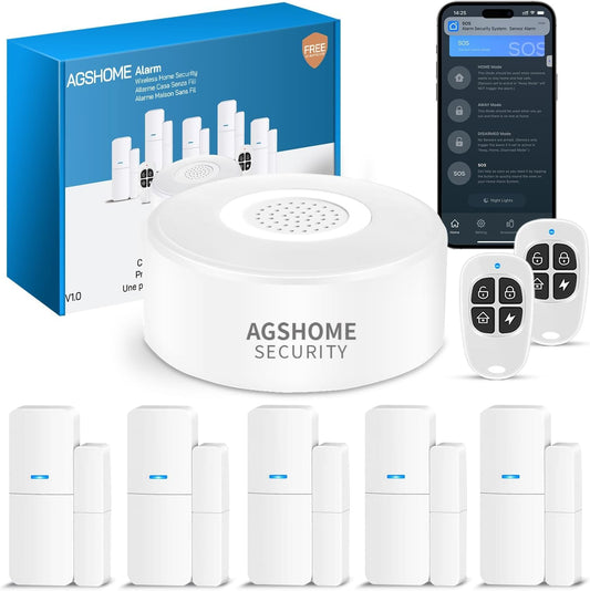AGSHOME Alarm System 8-piece, Smart Home Alarm System Home with APP, WIFI Alarm System Set with Siren, 5 Window Door Sensors and 2 Remote Controls, Alarm System for Home, Apartment, RV