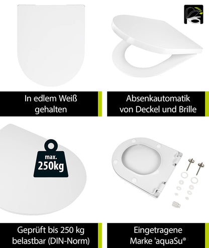 aquaSu® toilet seat with automatic closing mechanism Cubeno in D-shape, white, antibacterial Duroplast toilet seat removable, toilet seat with stainless steel hinges, toilet lid sandwich shape overlapping, 40330 6