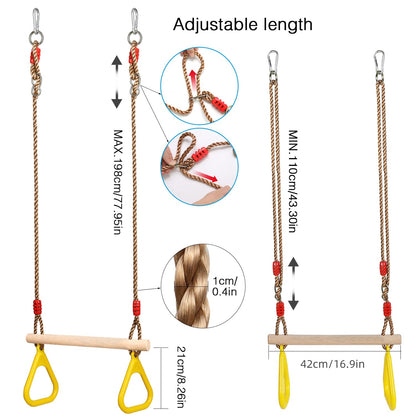 PELLOR Multifunctional Kids Wooden Trapeze Swing with Plastic Rings (Yellow)