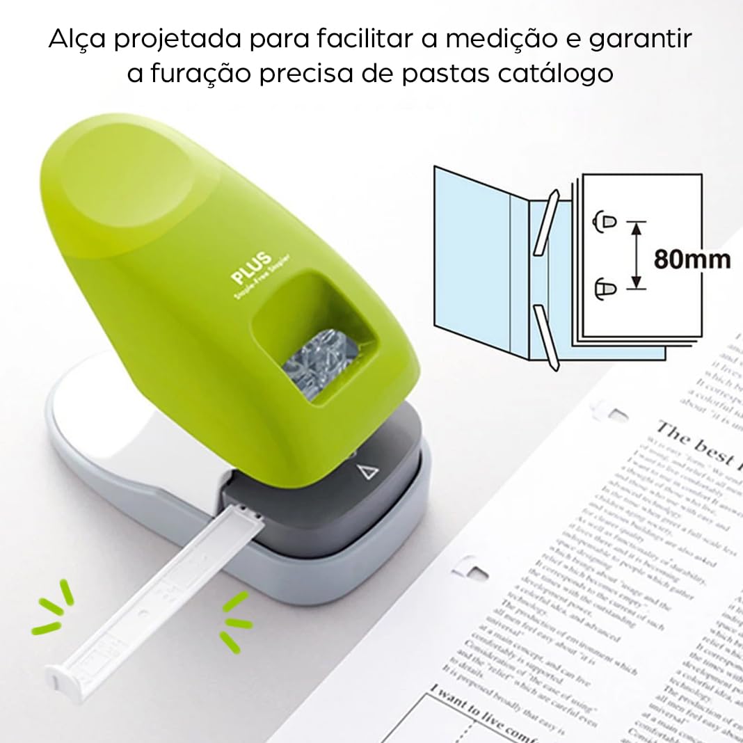 PLUS, stapleless stapler for desktop use, staples up to 10 sheets, with paper guide, stapling and hole punching capabilities, black