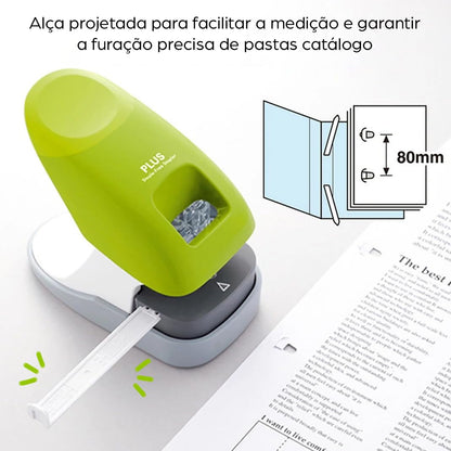 PLUS, stapleless stapler for desktop use, staples up to 10 sheets, with paper guide, stapling and hole punching capabilities, black