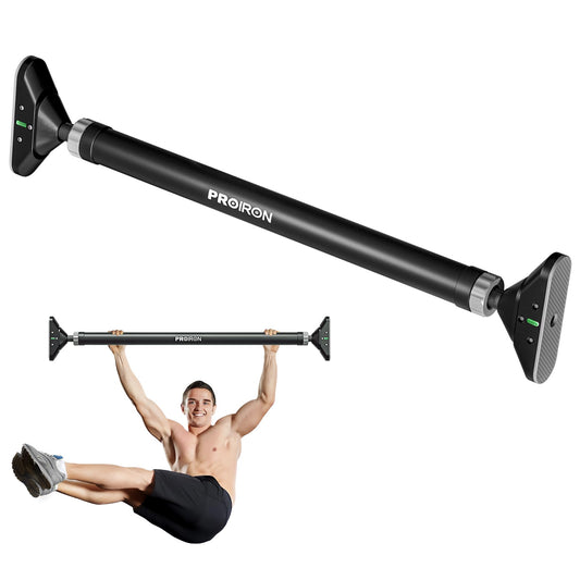 PROIRON Pull-up Bar without screws for door frame, extendable 72-97 cm, reinforced for up to 200 kg capacity, 17x5 cm PVC mats, with anti-fall protection and hand padding.