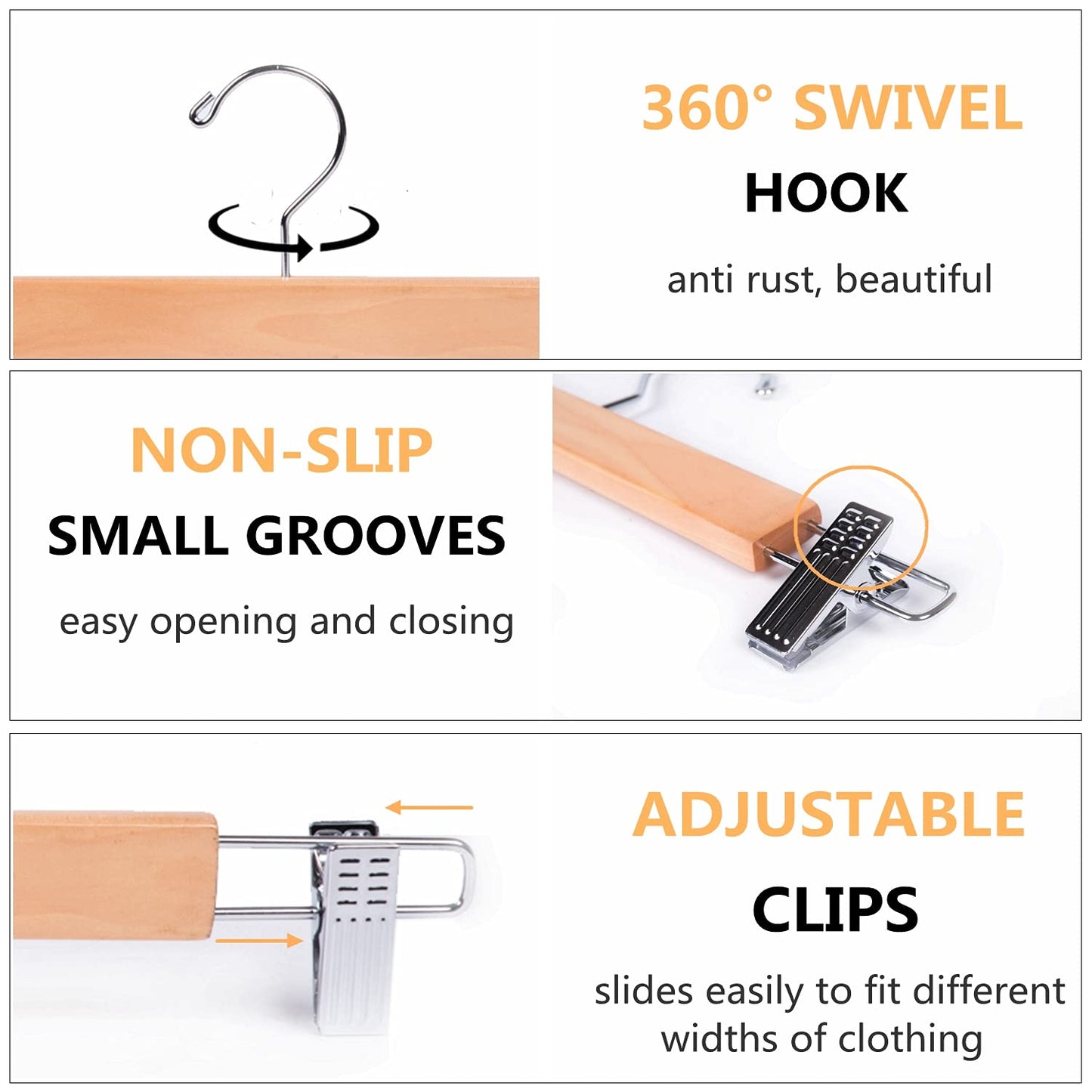 Amber Home 10PCS 36cm Natural Wood Hangers, Sturdy and Glossy Pants Hangers for Trousers Shorts Skirt Socks Underwear, with Non-slip Clips and Swivel Hook