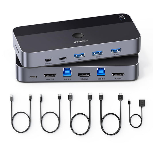 UGREEN HDMI 2.0 KVM Switch 4K@60Hz USB 3.0 Switch 4 Ports (3*USB 3.0+ USB C) allowing you to share 1 monitor, keyboard, mouse, printer, and U disk between 2 PCs with 2 USB cables and 2 HDMI cables.