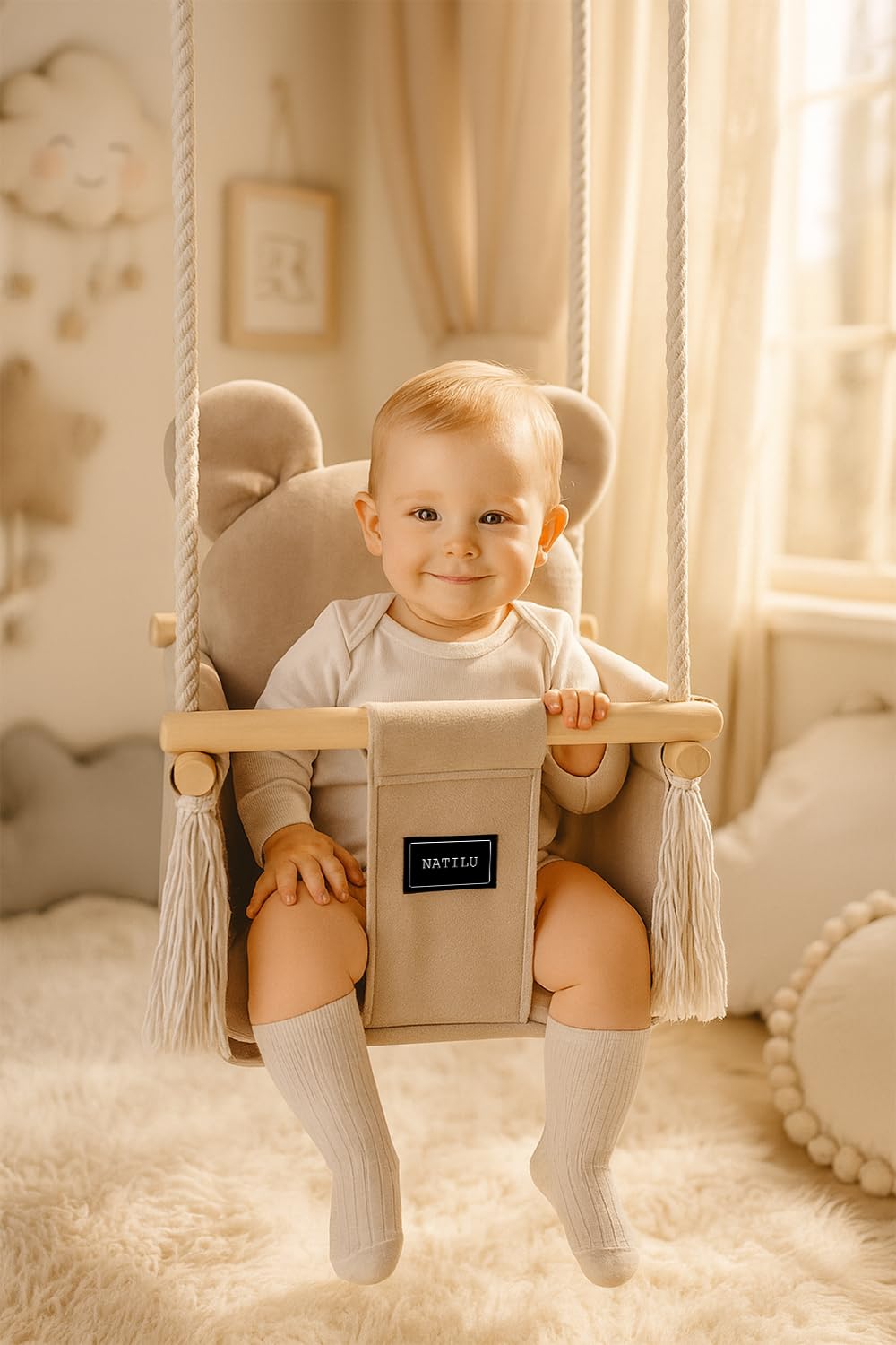 NATILU® Baby Swing Set Indoor Outdoor | Bear Light Beige Velvet | Baby Swing | Baby swing Indoor | Wooden Kids Swing | Wooden Swing for Children | Swings for door frames