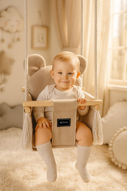 NATILU® Baby Swing Set Indoor Outdoor | Bear Light Beige Velvet | Baby Swing | Baby swing Indoor | Wooden Kids Swing | Wooden Swing for Children | Swings for door frames
