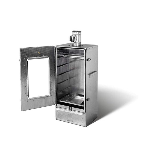 Isolated Smoki Smokehouse with viewing window made of embossed Cr stainless steel 85x39x33cm