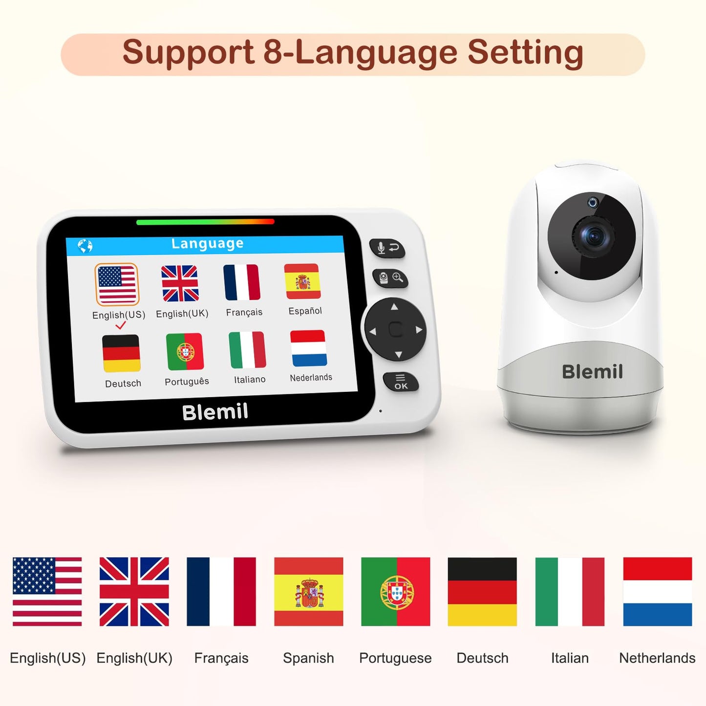 Video baby monitor with audio, 30-hour rechargeable battery, 5" screen, remote pan/tilt/zoom camera, two-way talk, night vision, no WiFi.