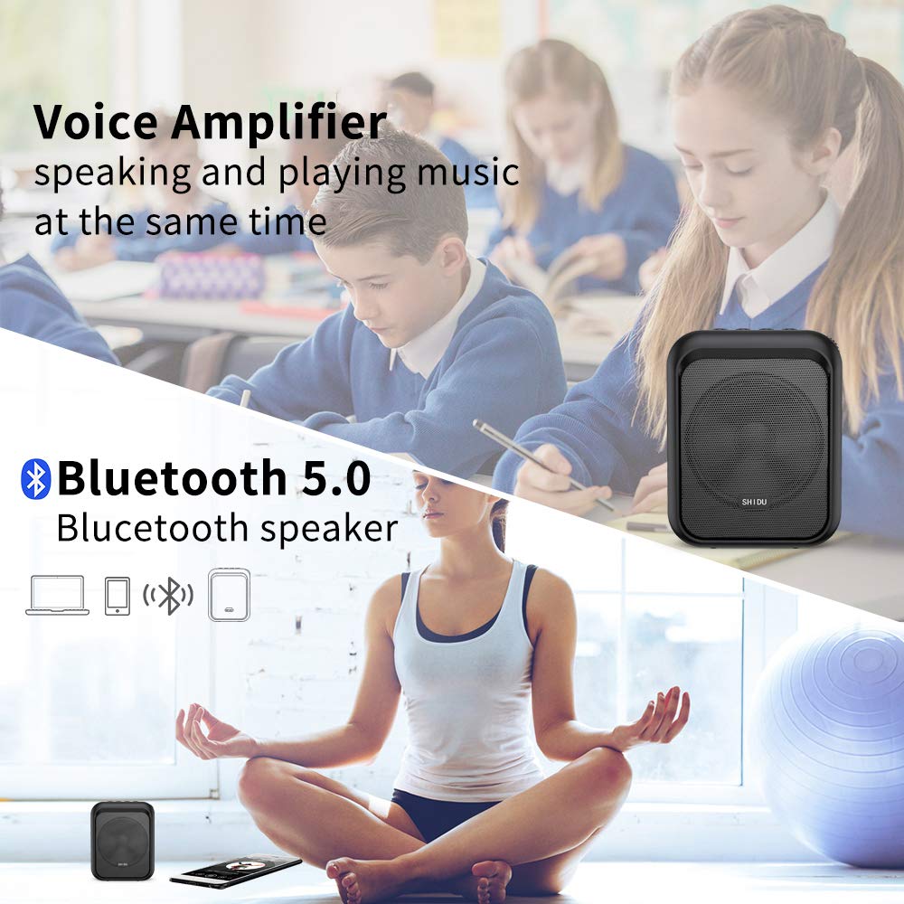 SHIDU Voice Amplifier Portable Bluetooth Speaker with wireless UHF Microphone Headset 10W 1800mAh PA System Supports MP3 audio for teachers, taxi drivers, coaches, trainers, tour guides.