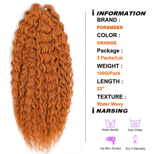 PORSMEER 3 Packs 22 Inch Water Wave Twist Crochet Hair Orange for Butterfly Locs Crochet Braids Bohemian Hair Extensions Pre-Looped Synthetic Hair Extensions for Women.