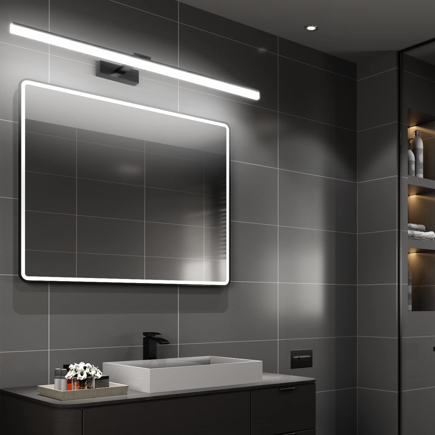 Klighten LED mirror light bathroom lamp 100CM, black mirror lighting lamp 28W 1560LM bathroom mirror lamp, 180° rotation, cool white 6000K, IP44 waterproof LED makeup light