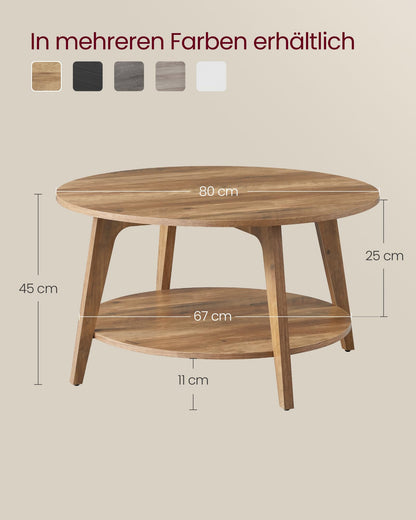 VASAGLE round coffee table, living room table with 2 levels, 80 cm diameter, 45 cm height, easy to assemble, honey brown LCT243K41