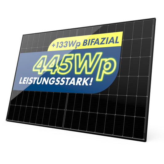 445W Bifacial glass-glass PV modules with 2x1.6mm glass, cutting-edge n-Type technology, expansion modules for your mini solar system, balcony power plant, or DIY complete system.