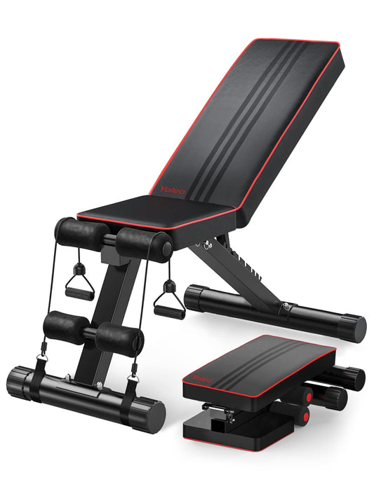 YOLEO Folding Weight Bench, Multifunction Training Fitness Bench, 2 in 1 Sit-ups Bench with high-quality thick padding / 7-Level Adjustable Backrest / Elastic Cord, Premium Line Training Bench