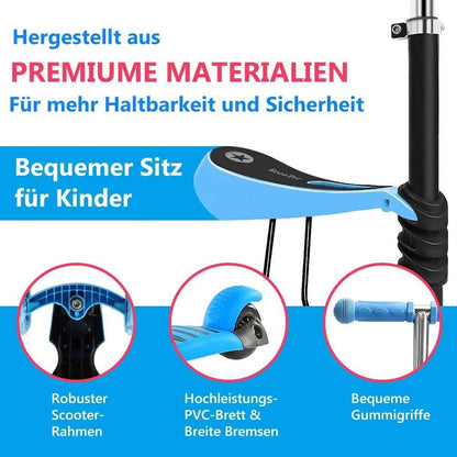 YOLEO 5-in-1 Kids Scooter with Removable Cartoon Basket Seat Push Handle LED Big Wheels Comfortable Backrest Height-Adjustable Handlebars for Toddlers Boys Girls from 2 Years (Blue)