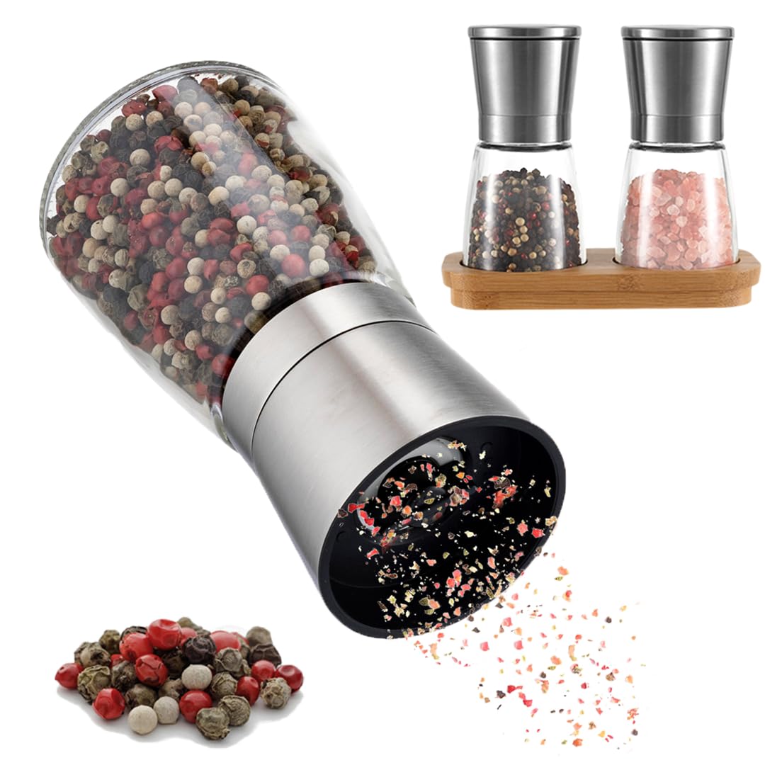Zolmer® Salt and Pepper Mill with Bamboo Stand - Spice Mill Set of 2 made of Stainless Steel & Glass - Ceramic Grinder, adjustable, refillable & stylish for any kitchen.