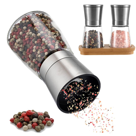 Zolmer® Salt and Pepper Grinder Set with Bamboo Stand – 2-Piece Spice Mill Set made of Stainless Steel & Glass – Adjustable, refillable ceramic grinder, stylish for any kitchen