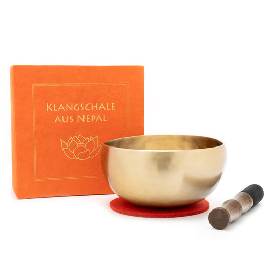 Hand-crafted singing bowl set with felt pad and wooden mallet, presented in a gift box with lotus design -5095-A-