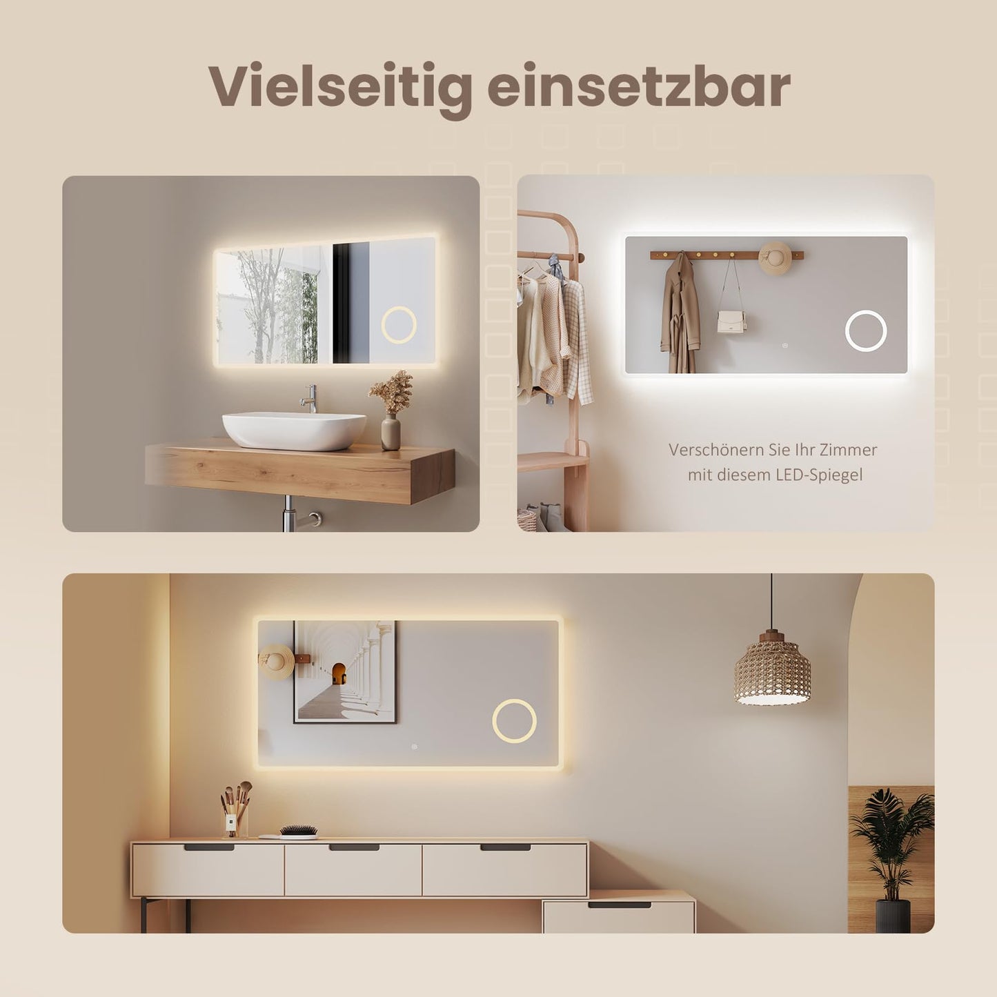 EMKE Bathroom Mirror with Lighting 100x60cm, 3X Cosmetic Mirror, 3 Light Colors, Touch Control, Energy-saving Wall Mirror IP44, 3000K/4000K/6500K.