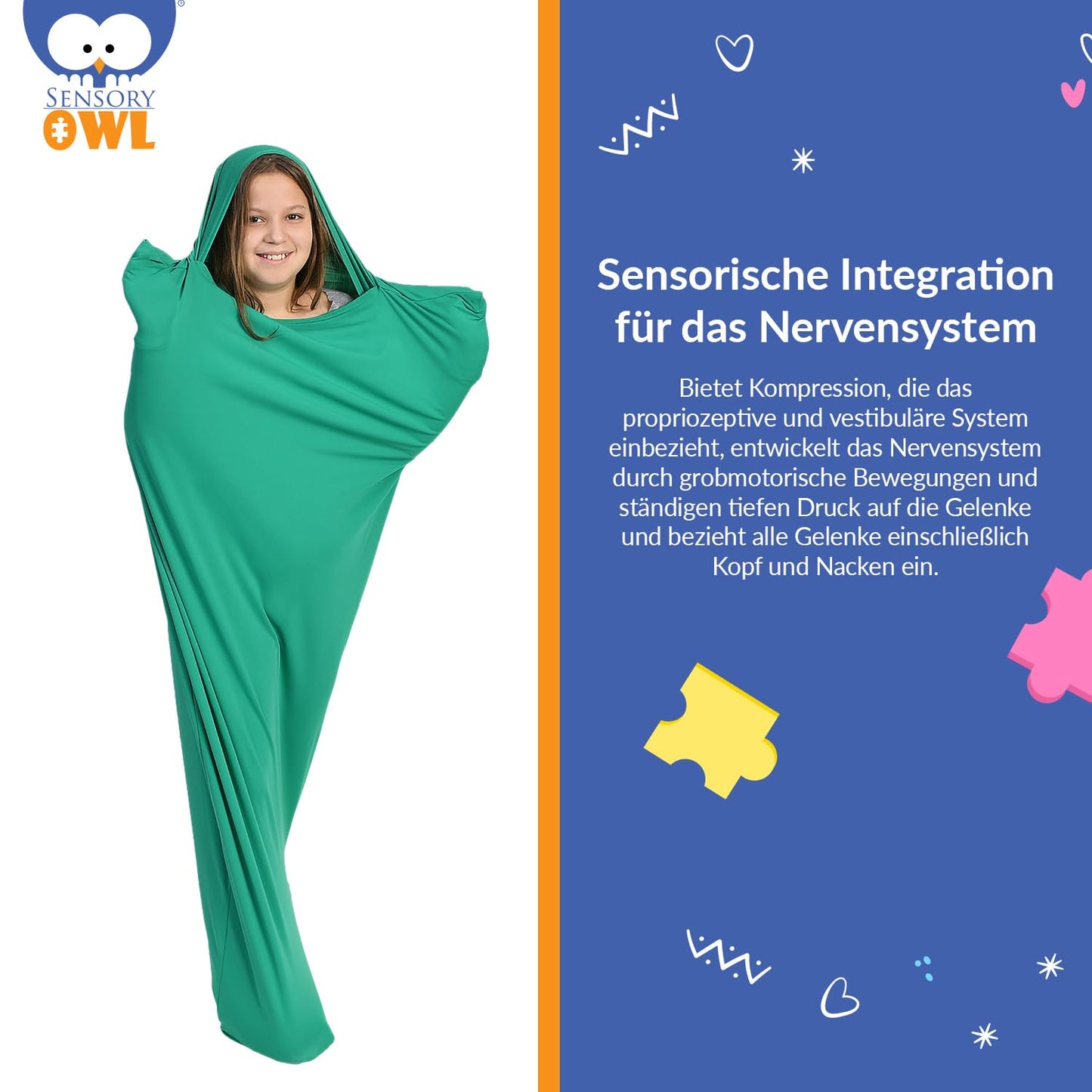 Sensory Owl full body sock sensory kids and adults full body wrap stress relief autism ADHD tool XXXL 190 cm Green