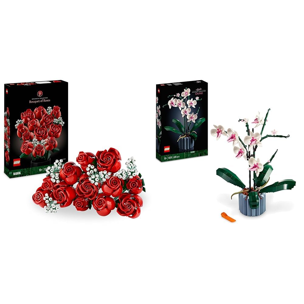LEGO Icons Bouquet, artificial flowers as room decor & Icons Orchid, Artificial Plant Set with flowers, model kit for adults