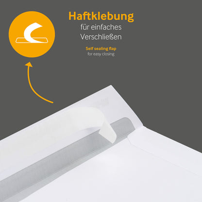 250 pieces, shipping envelopes, C4, without window, white, self adhesive, 229 x 324 mm, envelopes, straight flap, 120 gsm offset, plain letter covers