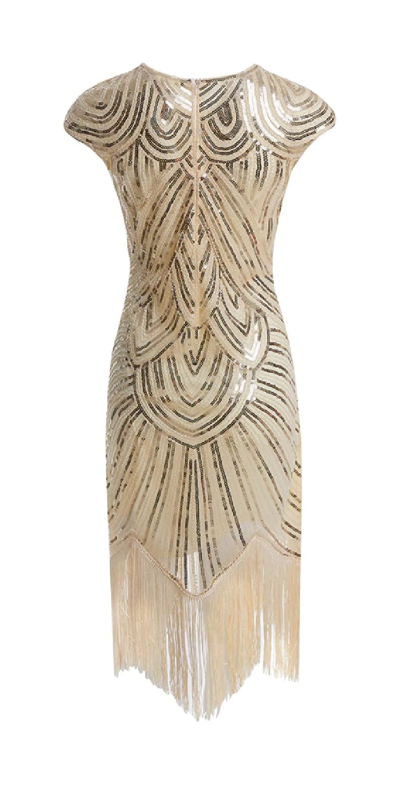 MIMICRY 1920s Charleston Sequin Dress Cream/Gold with Fringe Flapper Women's Costume, Size: S