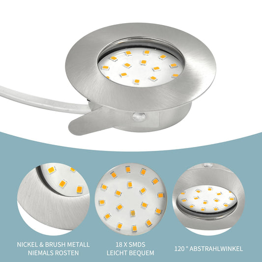 HiBay 6-pack LED recessed lights 230V Flat 5W LED Spot 60mm-68mm Round Nickel Neutral White Ceiling spots for living room kitchen office.
