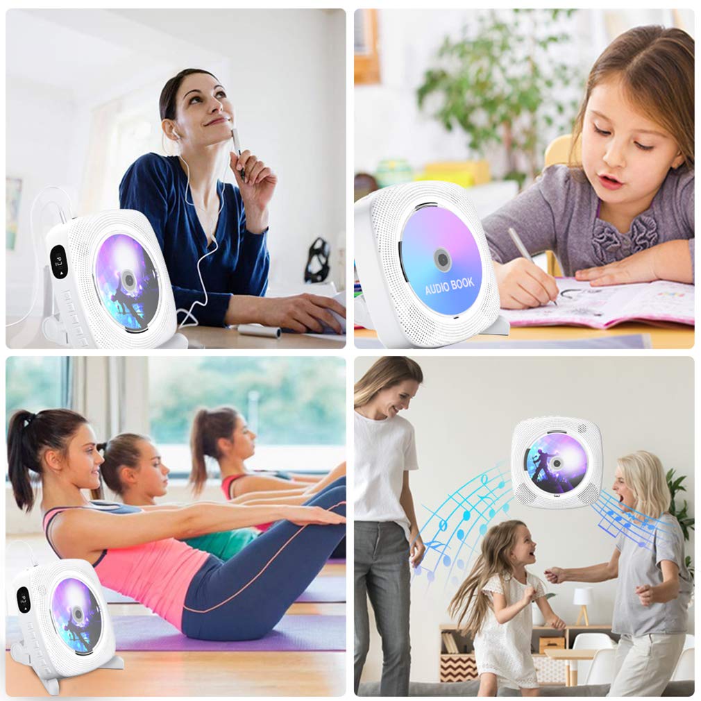 Portable CD player with Bluetooth, Gueray Wall Mountable CD Player Built-in HiFi Speakers with LCD Screen, Home Audio Boombox FM Radio USB MP3 Music Player (White)