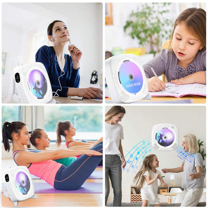 Portable CD player with Bluetooth, Gueray Wall Mountable CD Player Built-in HiFi Speakers with LCD Screen, Home Audio Boombox FM Radio USB MP3 Music Player (White)