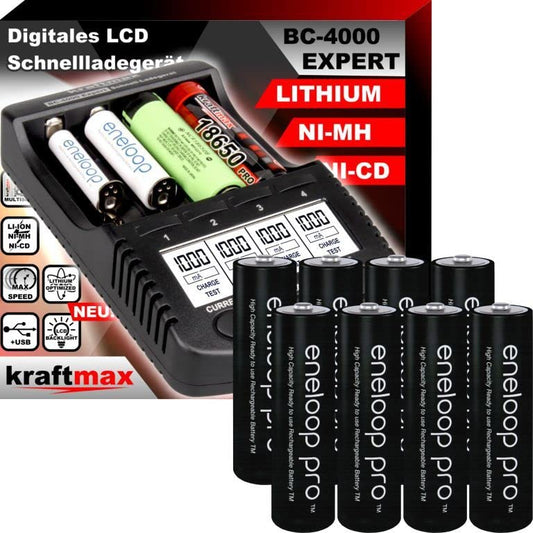 Original BC-4000 EXPERT Charger + 8 Panasonic Eneloop Pro AA batteries - Set with charging station and battery batteries in kraftmax Premium Battery Box